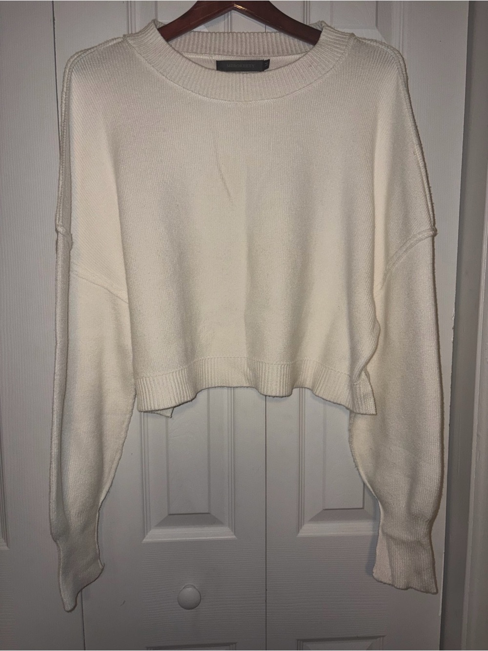 MEROKEETY Ivory Cropped Oversized Crewneck Sweater M Exposed Seams